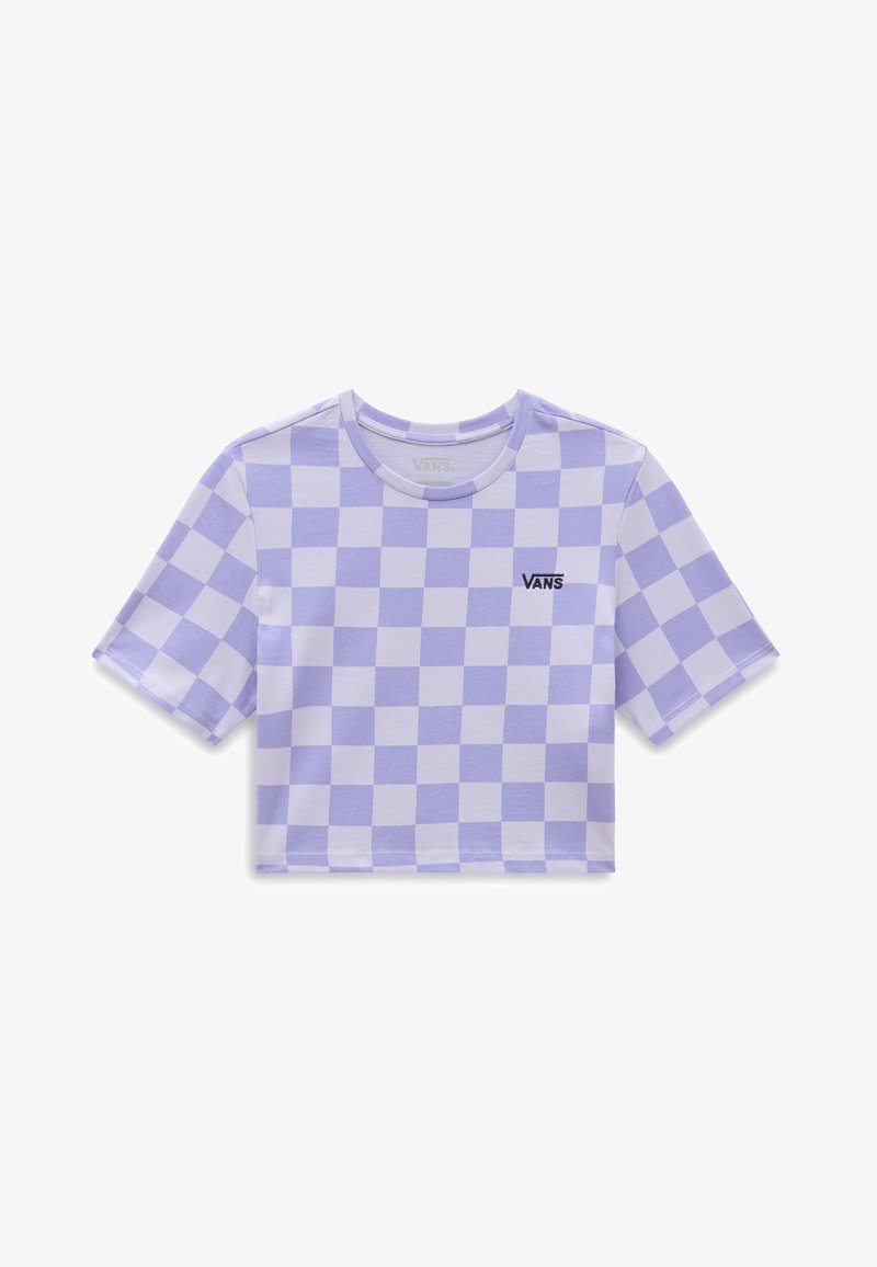 Camiseta corta de cuadros púrpuras y blancos con escote redondo y mangas cortas. Presenta un logo de Vans en negro en la parte delantera.