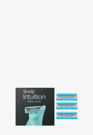 Wilkinson Sword Intuition Bikini Care barberskraber med tre blå udskiftningsblade, vist på hvid baggrund.