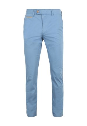 Light blue chinos made from a smooth fabric. Features a button closure, front pockets, and a slim-fit design. Minimalist style.
