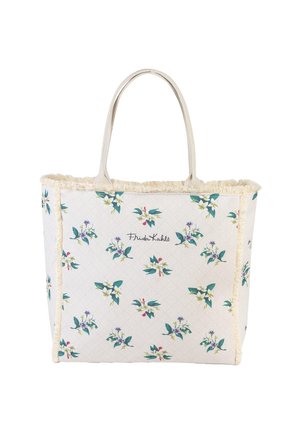 Tote-Tasche mit floralem Muster auf einem strukturierten hellbeigen Hintergrund. Akzentuiert mit Fransen entlang der Kanten und oberen Griffe.