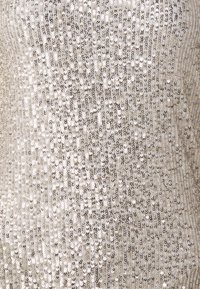 Tessuto di paillettes scintillanti in tonalità di argento e beige con una superficie strutturata e decorata. Adatto per abbigliamento elegante.