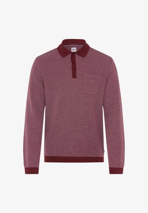 Wine-colored long-sleeve polo shirt with a textural knit, button-up collar, chest pocket, and ribbed cuffs and hem.