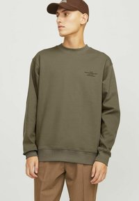 Olíva zöld pulóver ribbelt mandzsettákkal és aljjal, a mellkason kis fekete nyomtatással. Barna nadrággal és hozzá illő sapkával párosítva.