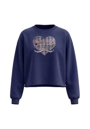 Marineblå sweatshirt med ternet hjertegrafik og teksten "Be Your Own Team Sparkle On Girl" på forsiden, lange ærmer, ribkanter.