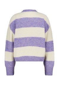 Striped sweater featuring soft knit fabric in alternating lavender and cream colors, with a rounded neckline and ribbed cuffs and hem.