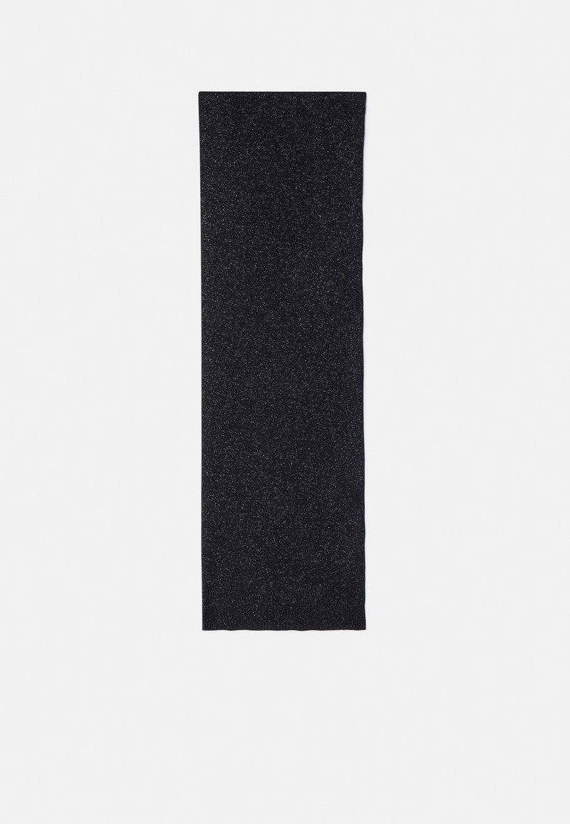 Sciarpa nera realizzata in tessuto morbido con un sottile effetto glitter. Forma rettangolare, texture liscia e senza modelli o hardware visibili.