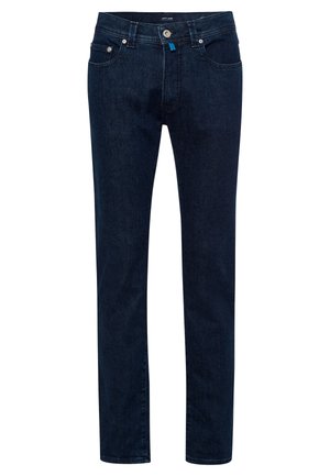 Dunkelblaue Jeans im Slim-fit mit einem klassischen Fünf-Taschen-Design und einem Reißverschluss mit einem Metallknopfverschluss.