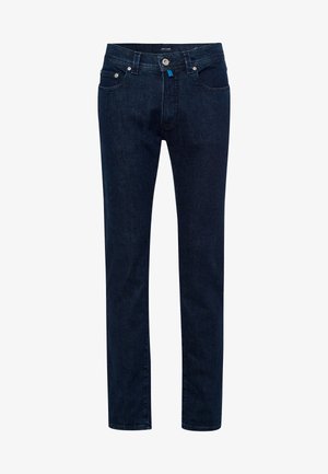 Donkerblauwe denim jeans met een slim fit, voorzien van een klassiek vijf-pocket ontwerp en een ritssluiting met een metalen knoopsluiting.