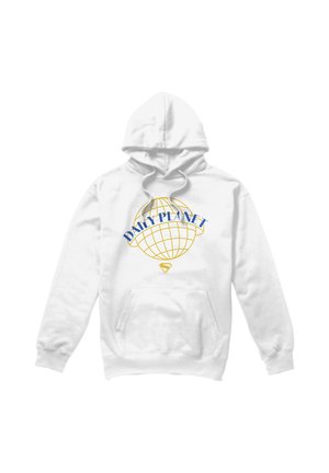 White hooded sweatshirt with front pocket, featuring a gold globe and blue "Daily Planet" text with a small gold Superman symbol below.