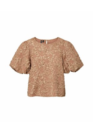 Texturerad, blushrosa topp med rund halsringning, korta puffärmar och en nyckelhålsknäppning i ryggen. Har ett upphöjt blommönster.