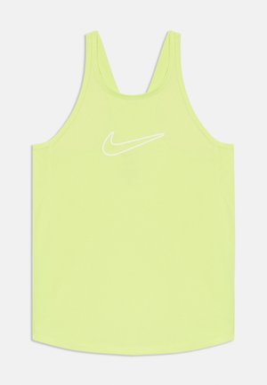 Nike tank top ryškiame geltoname audinyje, su baltu logotipu, paprasto dizaino, apvaliu iškarpymu kakle ir plačiomis petnešėlėmis.