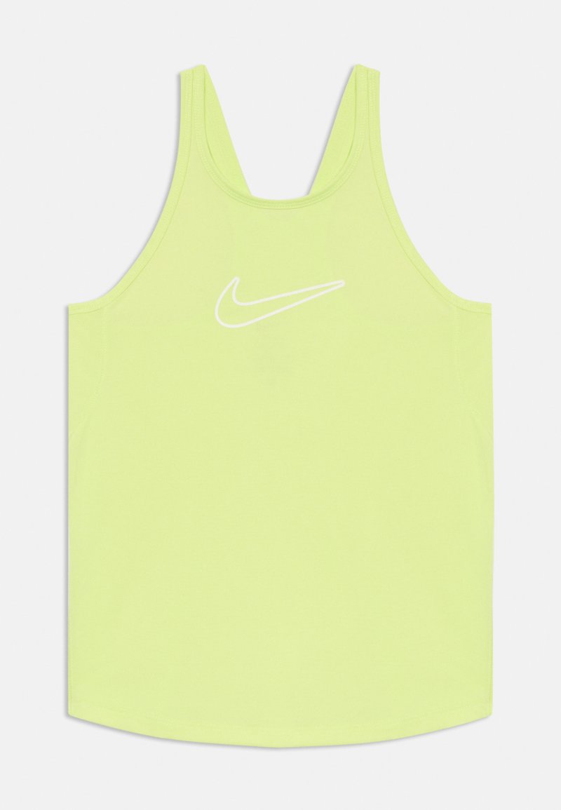 Nike tank top in bright yellow fabric featuring a white logo, with a simple design, rounded neckline, and wide shoulder straps.