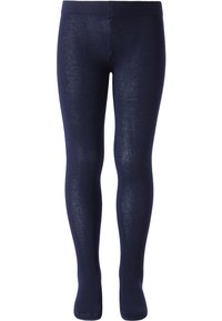 Granatowe, nieprzezroczyste rajstopy wykonane z gładkiego, elastycznego materiału; mają wygodny pas i bezszwową konstrukcję od pasa do palców.