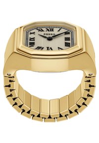 Montre octogonale en or avec un cadran argenté texturé, des chiffres romains noirs et un bracelet en métal à maillons, avec une finition polie.