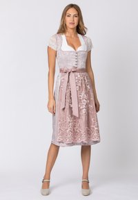 Dirndl-Kleid mit Spitzenbesatz, tailliertem Oberteil, rosa Satinrock mit floralem Stickerei und einer passenden Schleife in der Taille.