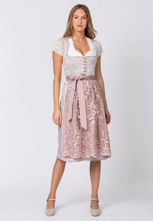 Lace-trimmed dirndl dress with a fitted bodice, pink satin skirt adorned with floral embroidery, and a matching bow at the waist.