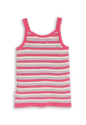 Débardeur tricoté sans manches à rayures roses, blanches et lavande, avec des bords festonnés sur les bretelles, l'encolure et l'ourlet.