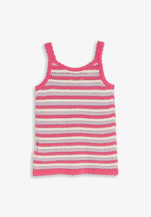 Gestricktes ärmelloses Tanktop mit rosa, weiß- und lavendelfarbenen Streifen und gewellten Kanten an Trägern, Ausschnitt und Saum.