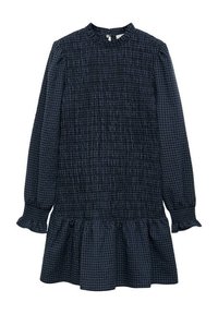Temno modra karirana obleka z dolgimi rokavi, nagubanimi prsnimi deli in nabranim robom. Narejena iz teksturirane tkanine z visokim ovratnikom in zapenjanjem na gumb.