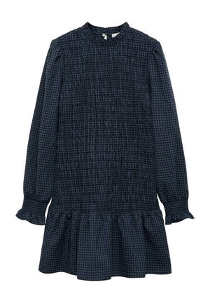 Robe à carreaux bleu marine avec des manches longues, un corsage froncé et un ourlet à volants. Fabriquée en tissu texturé avec un col haut et une fermeture à boutons.