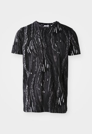 Black short-sleeve T-shirt featuring a textured pattern of white and gray lines resembling chains, with a crew neck and standard fit.