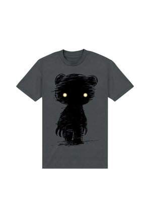 Mørkegrå t-shirt med en sort skitse af en bjørn med glødende gule øjne i midten på fronten.