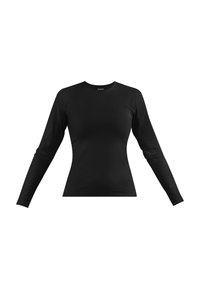Schwarzes langärmliges Oberteil aus glattem Stoff, mit rundem Halsausschnitt und taillierter Passform, ohne sichtbare Muster oder Akzente.
