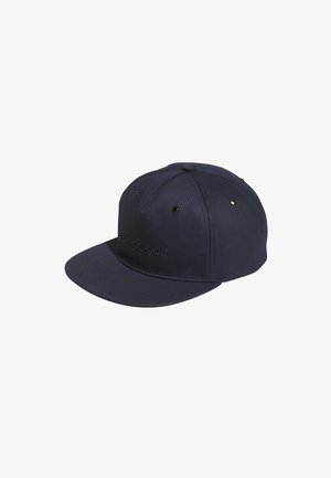 Dark navy baseball cap made of fabric with a flat brim, featuring stitched "endless golf" logo and ventilation eyelets on the top.