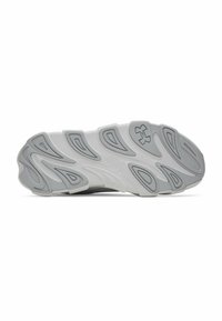 Semelle de chaussure de sport grise et blanche avec caoutchouc texturé, rainures ondulées et design de soutien sous le pied, comprenant une empreinte de logo.