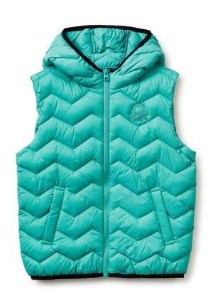 Gilet senza maniche trapuntato turchese con cappuccio, cerniera frontale, due tasche e logo ricamato sul petto a sinistra.