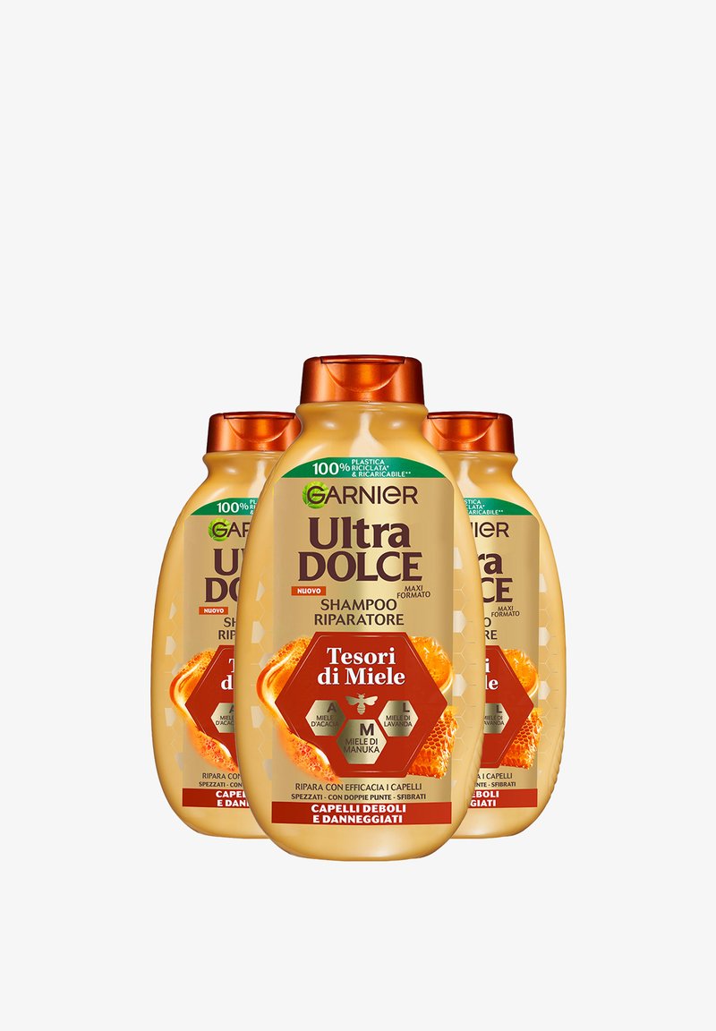 Garnier - ULTRA DOLCE TESORI DI MIELE, SHAMPOO RIPARATORE, 94% ORIGINE NATURALE, CAPELLI DANNEGGIATI, SENZA SILICONI, 400ML - 3 PACK - Shampoo - trasparente, Ingrandire