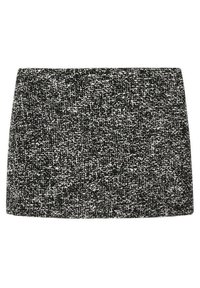 Mini-jupe texturée noire et blanche avec un motif tissé. Forme rectangulaire, tissu lisse, sans fermetures ni accents visibles.