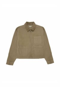 Khaki jacket with a collar, zip front, and two front pockets. Made of smooth fabric with visible stitching and a relaxed fit.