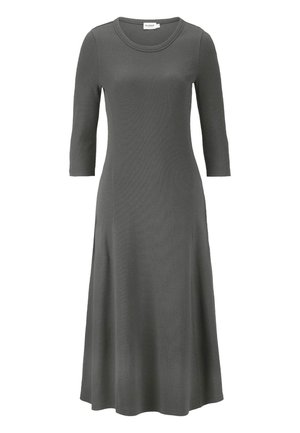 Graues, langärmliges Kleid aus weichem Stoff mit rundem Ausschnitt und ausgestelltem Schnitt, das bis zur Mitte der Waden reicht.