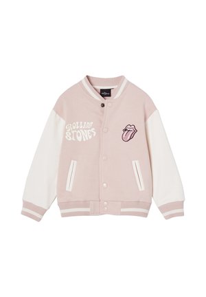 Pink sweatshirt jacket with white sleeves, features "Rolling Stones" text and tongue logo. Button closure, ribbed cuffs and hem.