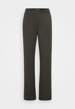 Dark green trousers with a smooth, stretchy fabric, featuring a flat waistband and straight-leg design. No visible pockets or embellishments.