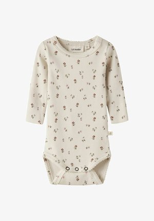 Cremefarbener Babybody mit langen Ärmeln, kleinem rosa und braunem Blumenmuster, geripptem Stoff und Druckknöpfen im Schritt.
