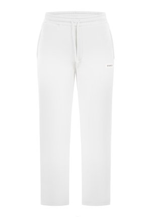 Hvide joggingbukser lavet af blødt stof med elastik i taljen, snøre og et lille logo på siden. Design med lige ben.