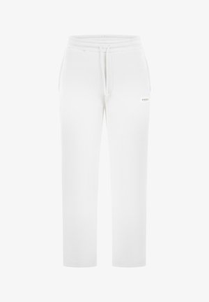 Hvide joggingbukser lavet af blødt stof med elastik i taljen, snøre og et lille logo på siden. Design med lige ben.