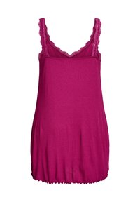 Fuchsiafarbener Schlafanzug-Top mit dünnen verstellbaren Trägern, Spitzenbesatz entlang des Ausschnitts, weichem Stoff und einer entspannten Passform, die am Saum gerafft ist.