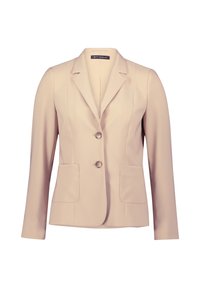 Beżowa marynarka o strukturalnym fasonie, jednoeświetna, z dwoma przednimi kieszeniami i dwoma guzikami, wykonana z gładkiego materiału o subtelnej połysku.
