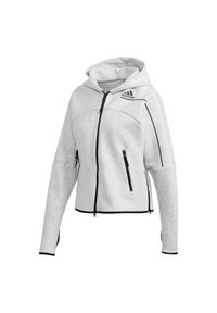 Sweat à capuche zippé Adidas gris clair avec accents de fermeture éclair noirs, poches latérales et capuche.