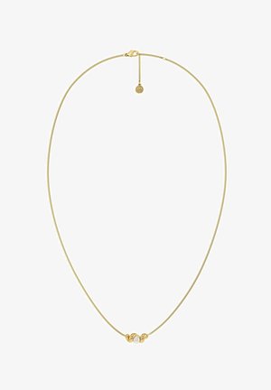 Auksinė grandinėlės vėrinys su maža centrinėje dalyje balta perla, laikoma lygiais, išlenktais aukso akcentais ir užsegimu su regulatoriumi ir grandinėle.