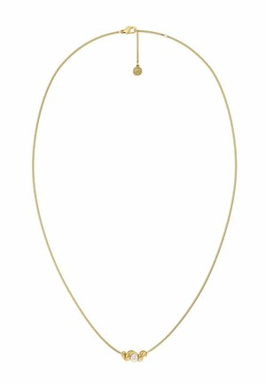 Goldene Halskette mit einer kleinen zentralen weißen Perle, gehalten von glatten, geschwungenen goldenen Akzenten und einem Karabinerverschluss mit verstellbarer Kette.