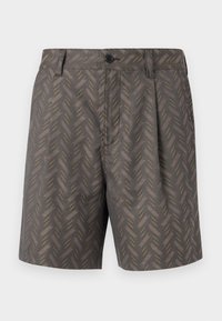 Γκρι σορτς με διακριτικό σχέδιο ψαροκόκαλου που περιλαμβάνει ανοιχτό καφέ και κίτρινες διαγώνιες γραμμές, κλείσιμο με κουμπί και θηλιές για ζώνη.