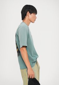 Camiseta de algodón verde claro con cuello redondo, mangas cortas y un estampado gráfico con elementos naturales en la parte posterior. Diseño ajustado.