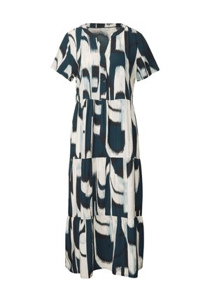 Kortärmad klänning i teal, kräm och svart med abstrakt mönster. Har en knappframsida och en lagerdesign på kjolen. Lättviktsmaterial.