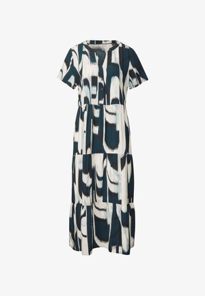 Kurzärmeliges Kleid in Türkis, Creme und Schwarz mit abstraktem Muster. Verfügt über eine Knopfleiste vorne und ein gestuftes Rockdesign. Leichter Stoff.