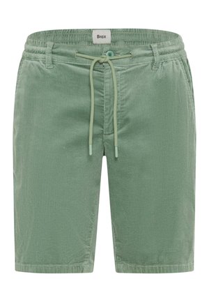 Grüne Cord-Shorts mit elastischem Bund, Kordelzug, Knopfverschluss, Gürtelschlaufen und Fronttaschen.