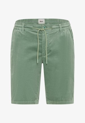 Grüne Cord-Shorts mit elastischem Bund, Kordelzug, Knopfverschluss, Gürtelschlaufen und Fronttaschen.